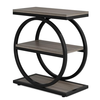 LITTLE TREE 3-Tier End Table Set 2, Grey Side End Table with Storage Shelves, Small Sofa Side Table for Living Room, Slim Nightstand and Bedside Table with Black Double Round Metal Legs - color: Grey and Black