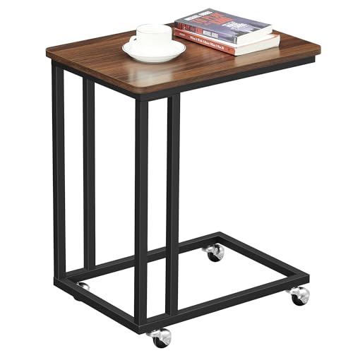 VASAGLE End Table, C Shaped TV Tray with Metal Frame Rolling Casters, Industrial Side Table for Living Room Bedroom, 19.7 x 13.8 x 23.6 Inches, Dark Walnut and Black - color: Dark Walnut + Black, size: 19.7"W x 21.7"H, style: With Wheels