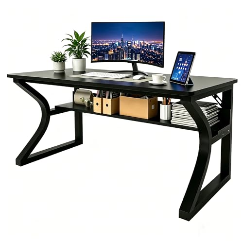 55'' Computer Desk Home Office Desk with Storage Shelf, Writing Study Desk for Small Space Sturdy Metal Frame Work Desk for Bedroom Home Office (Black, 55inch) - color: Black, size: 55inch
