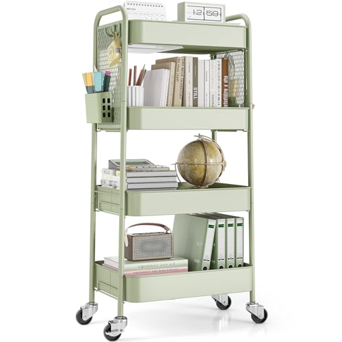 TOOLF 4 Tier Rolling Cart with Pegboard, Metal Storage Organizer Cart with Wheels, Hooks & Bins Esthetician Craft Art Sturdy Storage for Bathroom, Kitchen, Office, Nursery Diaper - color: Green, size: 4-Tier