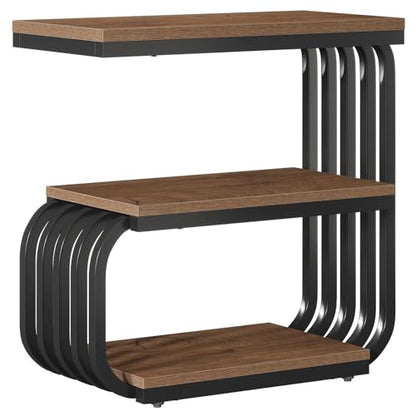 Tribesigns Small Narrow End Table with Storage Shelf, Industrial Side Tables with Curved Metal Frame, 3-Tier Accent Table and Nightstand for Living Room, Bedroom, Small Space (1, Brown) - color: Brown
