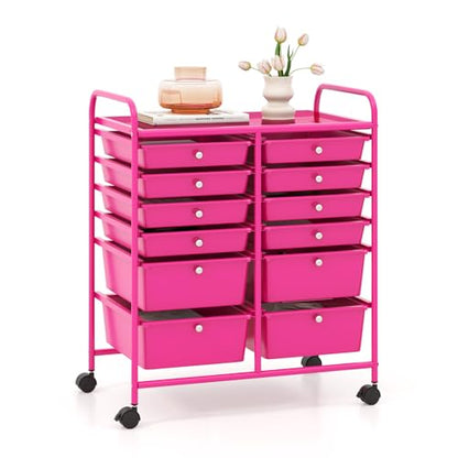 Moccha 12-Drawer Rolling Storage Cart - Utility Cart on Wheels with Lockable Casters for Craft Art Supply Paper Salon, Mobile Drawer Carts for Classroom Teacher School Office (Hot Pink) - color: Hot Pink, style: 12 Drawers