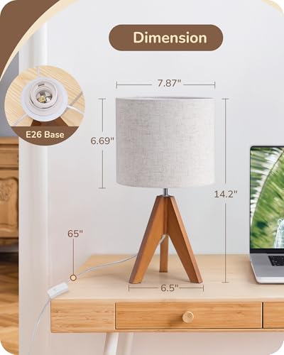 EDISHINE Tripod Table Lamp, Small Cute Bedside Lamp with Linen Beige Lampshade, Nightstand Lamp for Nursery, Bedroom, Kid Room, Living Room, Light Brown Wooden Base, E26 Socket, 14.2 Inch - color: Light Brown