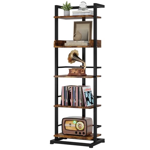 Hosfais Book Shelf Narrow Bookshelf: 5 Tier Wood Bookcase with Metal Edge Protection Industrial Modern Bookshelf Book Storage Organizer for Living Room Bedroom Home Office (Rustic Brown) - color: Brown