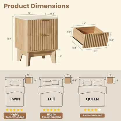 Fluted Nightstand Set of 2,Modern End Table with Faux Marble Top,2 Storage Drawers Side Table,Bedside Table for Bedroom, Living Room,Curved Profile Design Furnitue,Natural Oak - color: 2pcs_oak
