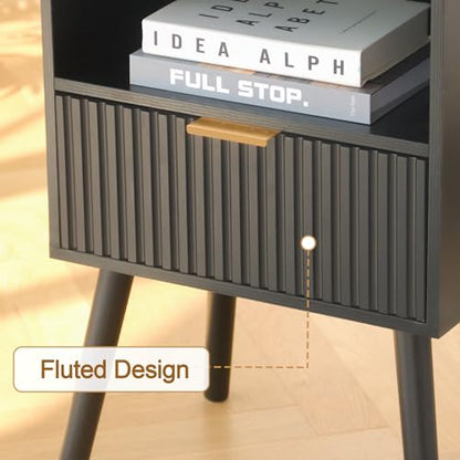 AWASEN Black Fluted Nightstand Set of 2, Modern Bedside Table Set of 2 with Storage Drawers, Small Nightstand Bed Side Table with Solid Wood for Living Room, Bedroom, Office and Small Spaces (Black) - color: Black Set of 2