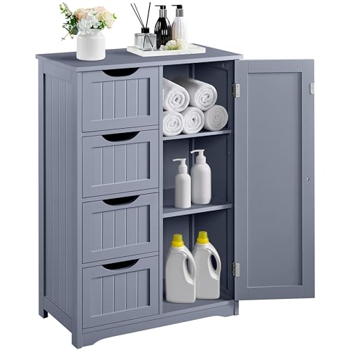 Yaheetech Small Bathroom Storage Cabinet with 4 Drawers & Door, Gray | Floor Cabinet Organizer for Hallway, Living Room, 3-Position Adjustable Shelf, Beadboard Detail, MDF, 12"D x 22"W x 32.5"H - color: Grey, size: 22 x 12 x 32.5 In (LxWxH)
