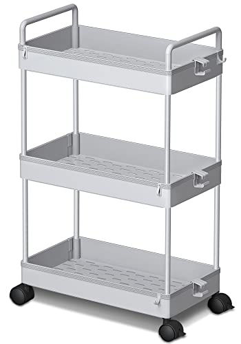 Ronlap 3 Tier Slim Rolling Storage Cart with Wheels Utility Organizer, Grey | For bathroom, laundry, kitchen, bedside & dorm. Fits art, craft, snack, makeup, nail, diaper & postpartum baby supplies - color: Gray