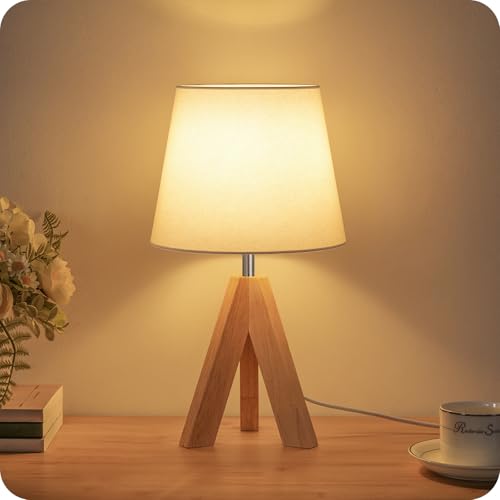 Small Tripod Table Lamp, Modern Nightstand Lamp with Fabric Shade, Boho Bedside Wood Desk Light for Bedroom, Kids Room, Living Room, Office, Study, White, W51TL05 - color: White+Natural Wood