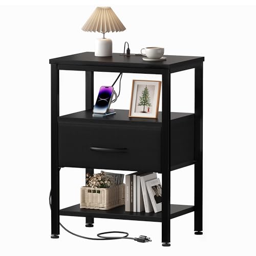 OLIXIS Nightstand with Charging Station, Bedside Tables with USB Ports and Fabric Drawer, Small Night Stand with Open Adjustable Shelf, Compact End Table for Bedroom, Black - color: Black, size: 15.7"Dx11.8"Wx23.4"H(1 Drawer)