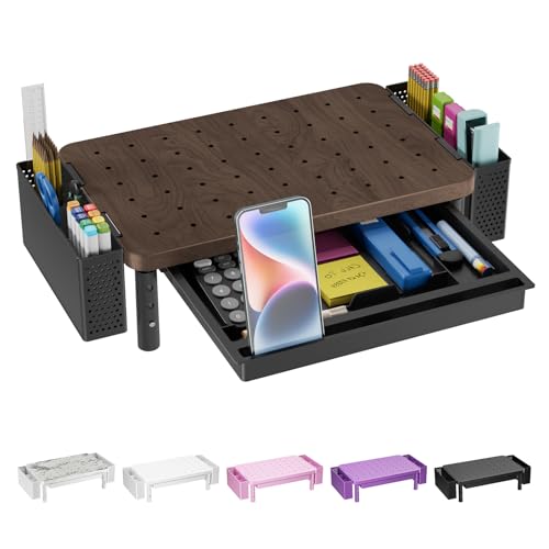 WALI Plastic Computer Monitor Stand with Storage, Desk Organizer with Drawer and Pen Holder, Desk Monitor Riser 3 Height Adjustable, Laptop Riser for Computer, Laptop, Printer(PTT003-C), 1 Pack, Brown - color: Brown, size: 14.6"L * 9.3"W,11" 1 Drawer, 2 P