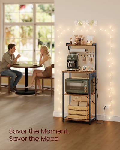 VASAGLE BARNET Collection - Kitchen Bakers Rack with Power Outlet, 17.7-Inch Wide Coffee Bar 4-Tier with 8 S Hooks, Modern Microwave Stand, Adjustable Shelf, Rustic Brown and Ink Black UKKS013KD01 - color: Rustic Brown + Ink Black, size: 17.7"W