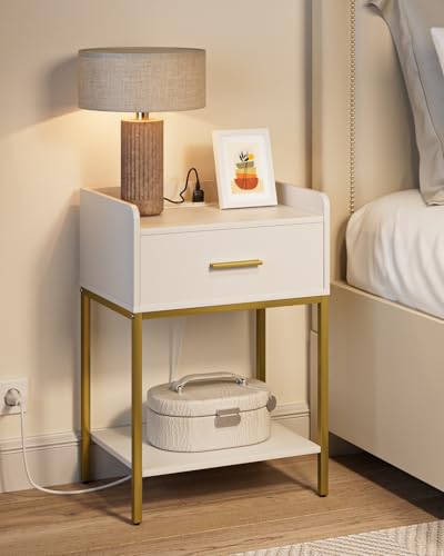 Nightstand with Charging Station,3-Tier Bedside Table for Small Space,Modern Night Stand with Storage Drawer and Shelf,Small Side Table for Bedroom,Living Room,White - color: White With Charging Station