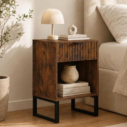 Rustic Brown Nightstand with Fluted Drawer, Wood Bedside Table with Storage Shelf, Mid Century Modern End Table with Metal Legs for Bedroom, Living Room, Sofa Side & Small Spaces