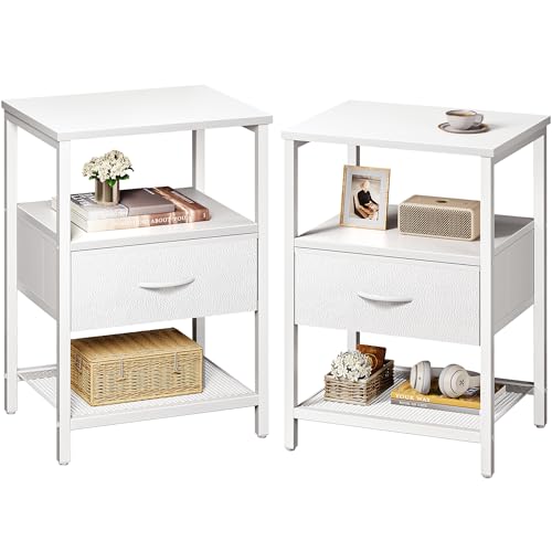 Huuger Nightstand Set of 2, Night Stand with Fabric Drawer, Mesh Shelf, Side Table with Storage, Fabric Drawer Dresser, Open Shelf, Metal Frame, Bedroom, White - color: White