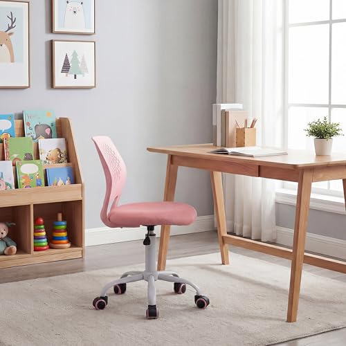 Costzon Kids Desk Chair, Armless Height Adjustable Kids Computer Chair w/Elastic Sponge Filling, Ergonomic Backrest & Stable 5-Point Wheels, Children Rolling Swivel Chair for Studyroom (Pink) - color: Pink