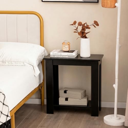 Giantex Narrow End Table Set of 2, 2-Tier Side Table with Open Storage Shelf, Retro Wood Sofa Table Bedside Tables for Small Spaces, Slim Nightstand for Living Room, Bedroom, Easy Assembly, Black - color: Black