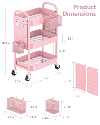 ALVOROG 3 Tier Rolling Cart with DIY Pegboards Metal Utility Cart with Wheels Handles Baskets Hooks, Craft Cart for Office Kitchen Bathroom(Cherry Blossom Pink) - color: Cherry Blossom Pink