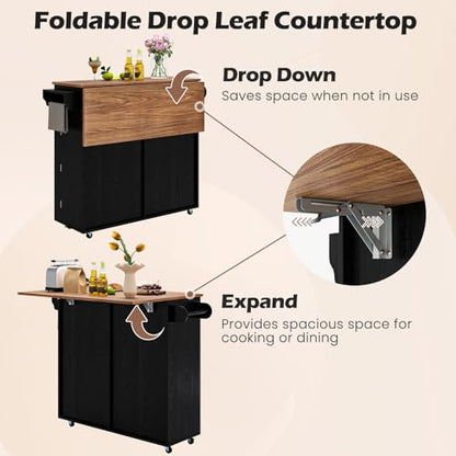 Giantex Kitchen Island Cart with Hidden Tilt Out Trash Can Cabinet, Drop Leaf, 2 Drawers, Towel Rack, Rolling Mobile Breakfast Bar Table, Wood Kitchen Storage Cart on Wheels (Black & Natural) - color: Black