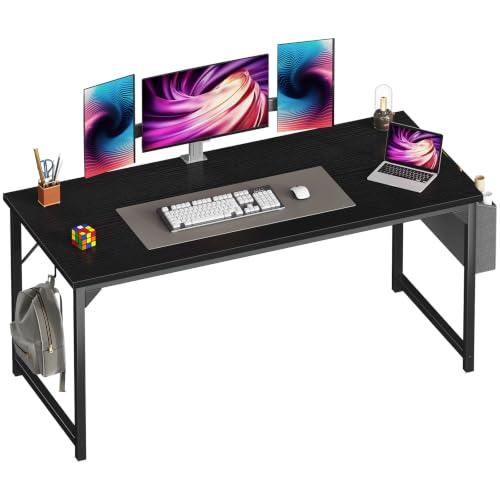 OLIXIS 63 Inch Computer Desk for Home Office, Writing Study Craft Gaming Table, Modern Computer Workstation with Storage Bag and Headphone Hook for Bedroom Small Spaces, Black - color: Black, size: 63 Inch with Hook