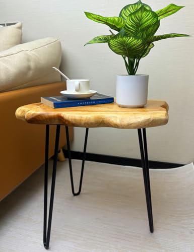 Rustic Solid Wood Live Edge Style End Table, Natural Wood Side Table with Hairpin Legs, Small Irregular Side Table for Living Room, Bedroom, Farmhouse Decor, 16" L x 12" W x 17" H - size: 16" L x 12" W x 17" H