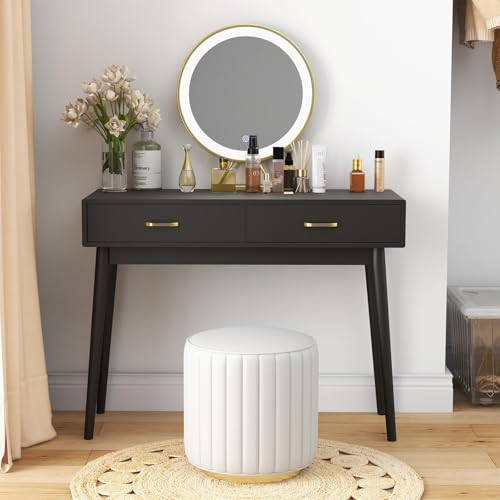 FUNKOCO Small Black Desk with Drawers - 40 Inch Home Office Study Writing Desk for Bedroom, Vanity Desk with 4 Solid Legs, Modern Computer Desk for Small Spaces (Balck) - color: Black
