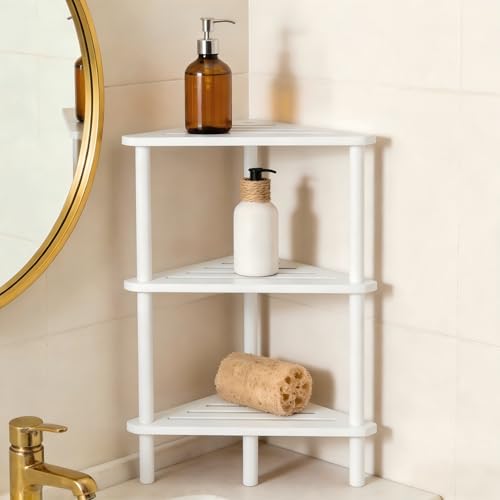 Yoshiky 3-Tier White Free Standing Corner Shower Caddy, Bamboo Wood Bathroom Shower Shelf Table for Inside Shower Organizer & Storage Foot Rest Shower Stool - color: White
