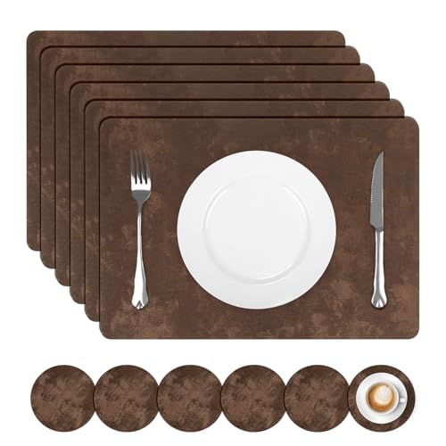 comfoyar Faux Leather Placemats with Coasters Set of 6, 12x17 Inch Heat Resistant Dual-Sided Imitation Velvet Dark Brown Place Mats, Waterproof Wipeable Table Mats for Kitchen Dining Party Decoration - color: Dark Brown, size: 12x17 Inch