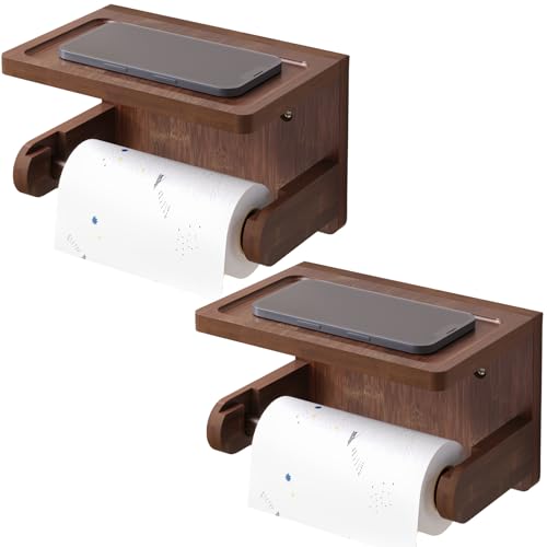 VERTORGAN 2 Pack Toilet Paper Holder with Phone Shelf,Bamboo Wall Mounted Tissue Roll Holder for Bathroom(Brown) - color: Brown, size: 2 PC