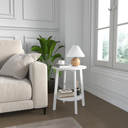 sthmec Side Table, Small Round End Table with Storage Shelf for Small Space, 2-Tier Bedside Table Sofa Couch Table, Round Accent Table Nighstands for Living Room, Bedroom,White - color: White