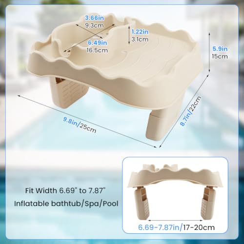 Hot Tub Table Tray Fits Width 6.7-7.8in Inflatable Spa/Pool,Beige | Foldable Hot Tub Side Table,Drink Caddy with 2 Cup Holders and Drain Holes,Non-Slip Rubber for Drinks,Phones & Snacks - color: Ivory