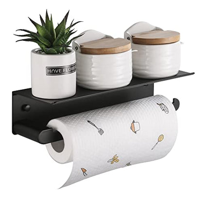 DUFU Paper Towel Holder Wall Mount for Kitchen, Black | Self-Adhesive Paper Towel Holder with Shelf for Bathroom, Anti-Rust Aluminum, No Drill or Wall-Mounted with Screws - color: Black