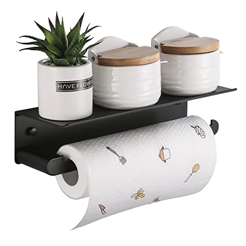 DUFU Paper Towel Holder Wall Mount for Kitchen, Black | Self-Adhesive Paper Towel Holder with Shelf for Bathroom, Anti-Rust Aluminum, No Drill or Wall-Mounted with Screws - color: Black