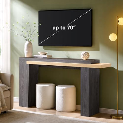 OKD 63" Geometric Console Table with Layered Top, Natural Oak & Dark Alder | Extended Layered Top, Sturdy Support Legs, Entryway, Hallway, Foyer, Living room, Behind Sofa - color: Natural Oak With Dark Alder