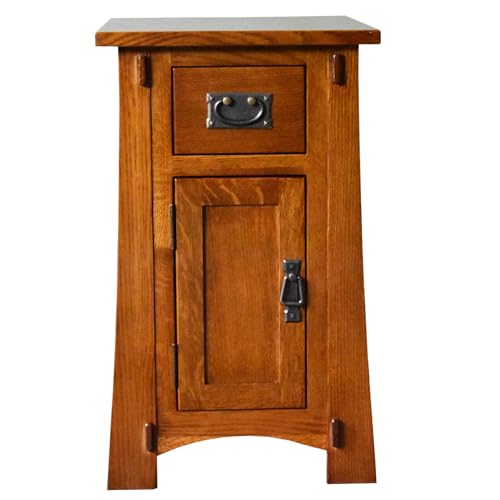 Pemberly Row Mission Style Narrow Nightstand, Solid Quarter Sawn Oak, Walnut Finish, Tapered Legs, 1 Cabinet Door, 1 Drawer with Metal Glides, Lower Shelf, Compact Side Table for Bedroom or Living - color: Walnut