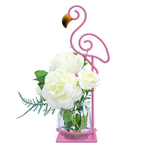 Desktop Glass Planter Vase Holder, esktop Glass Planter Hydroponics Vase，Metal Flamingo Plant Terrarium， Stand for Plants Creative Decorations for Home Patio Lawn Garden - color: Pink Flamingo