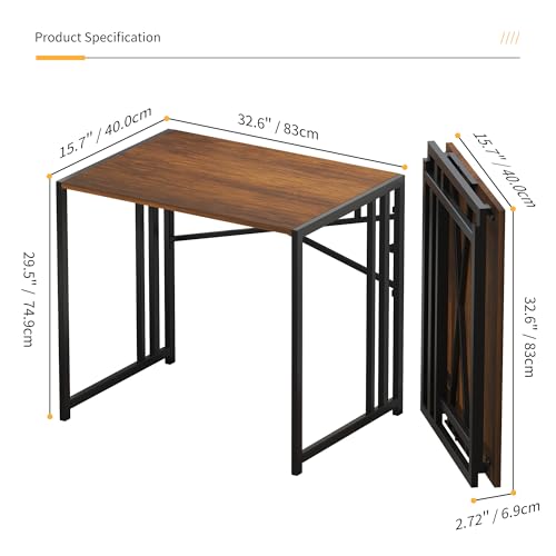 Lutown-Teen 32 inch Folding Small Desk, Writing Gaming Computer Camping Desk for Small Spaces, No Assembly Required Home Office Desk, Mahogany - color: Mahogany, size: 32 Inch