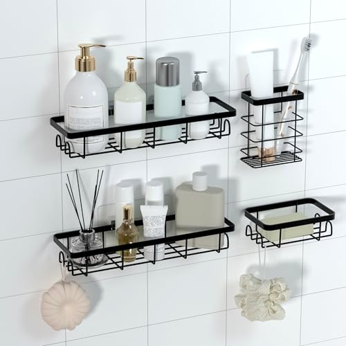 Shower Caddy Organizer with Hooks,Self Adhesive Bathroom Shelves,No Drilling Bathroom Organizers and Storage,Perfect for RV, Apartment, Home Decor,Black 4PCS - color: Black, size: 4 Pack