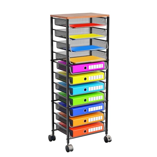 Simple Trending 12-Tier Rolling File Cart, Desk File Organizer with 11 Mesh Sliding Trays, Letter & Legal Paper Storage Rolling Utility Cart for Office Home School, Black - style: 12 Tier-Wood