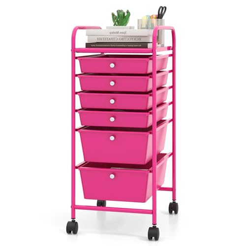 DREAMADE Rolling Cart with Storage Drawers, Utility Cart w/Removable Plastic Drawers, Lockable Wheels, Art Cart for Classroom Organization Art Supplies Office Scrapbook (6 Drawers, Hot Pink) - color: Hot Pink, style: 6 Drawers