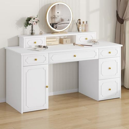 Catrimown White Desk with 7 Drawers, 54 Inch Computer Desk with Cabinet for Work Writing Study, Vanity Desk with Golden Handle for Girls, Bedroom - color: White