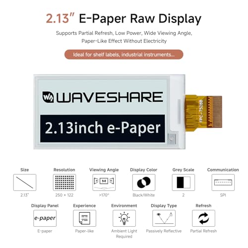 waveshare 2.13inch E-Ink Raw Display Compatible with Raspberry Pi 4B/3B+/3B/2B/B+/A+/Zero/Zero W/WH/Zero 2W Series Boards 250x122 Resolution SPI Interface Without PCB Supports Partial Refresh