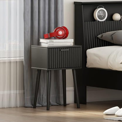 LAATOOREE Nightstands Set of 2, Small Side Table, Bedside Table with Fluted Door, Solid Wood Feet, Modern Mid-Century End Table for Bedroom, Small Space, Black - color: Black, style: Fluted Style
