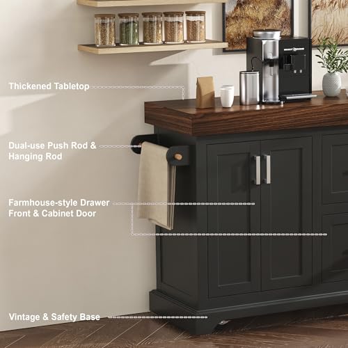 53.2" Rolling Kitchen Island with Storage, 3.5" Thick Countertop, Spice Rack, Towel Rack, Drawer & Cabinet - Mobile Kitchen Cart on Wheels for Kitchen, Dining Room, Black - color: Black