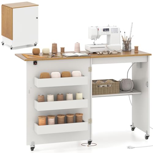 DREAMADE Folding Sewing Table with Storage, Craft Table w/Charging Station, 5 Lockable Wheels, Storage Bins & Shelf, Sewing Machine Desk for Home Office, Apartment, Studio (White & Natural) - color: White & Natural