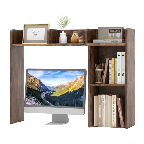 Tangkula Desktop Bookshelf, Countertop Storage Hutch with 5 Shelves for Computer Desk, 3-Tier Display Rack, Multipurpose Wood Desktop Hutch Storage Organizer for Dorm Office, Brown - color: Rustic Brown, size: 5 Shelves