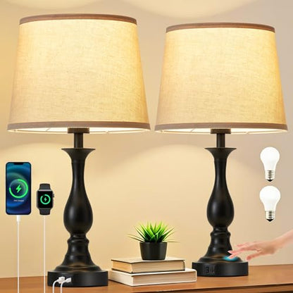 Bedside Table Lamp Touch Control Bedroom Lamps with USB A and C Charging Port 3 Way Dimmable Touch Lamps for Nightstand Living Room Bedroom Dorm Home Office Reading, Set of 2 - color: Black
