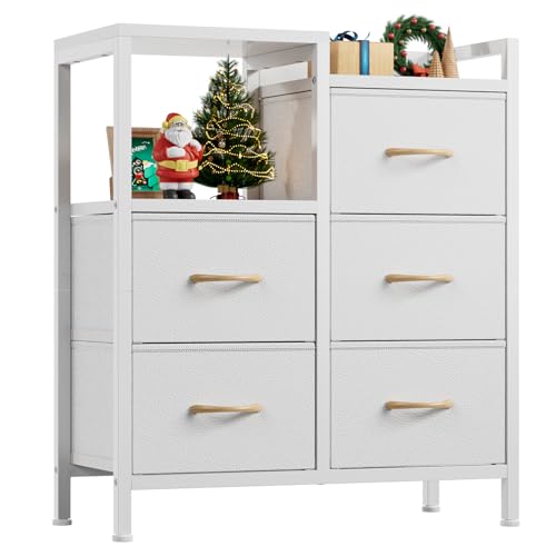 White Dresser for Bedroom, 5 Drawer Small Fabric Closet Dresser | Small Chest of Drawers, Storage Cabinet Organizer with 2 Tier Shelf, Closet Drawer Units with Metal Frame, Dresser for Dorm - color: White