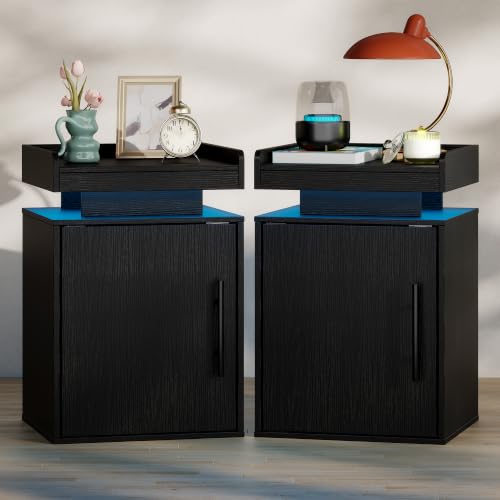 Baoz Black Nightstand Set of 2 with Door, 24" Tall Led Modern Bedside Table | Wood Night Stand with Side Open Shelf & Adjustable Shelf for Bedroom, Smart Lights with RGB Colors