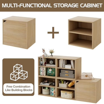 Cube Storage Organizer Shelf, 2 Tiers Stackable Bookshelf, Wooden Display Bookcase with 2 Cube Storage, Small Storage Cabinet for Living Room Bedroom, Natural